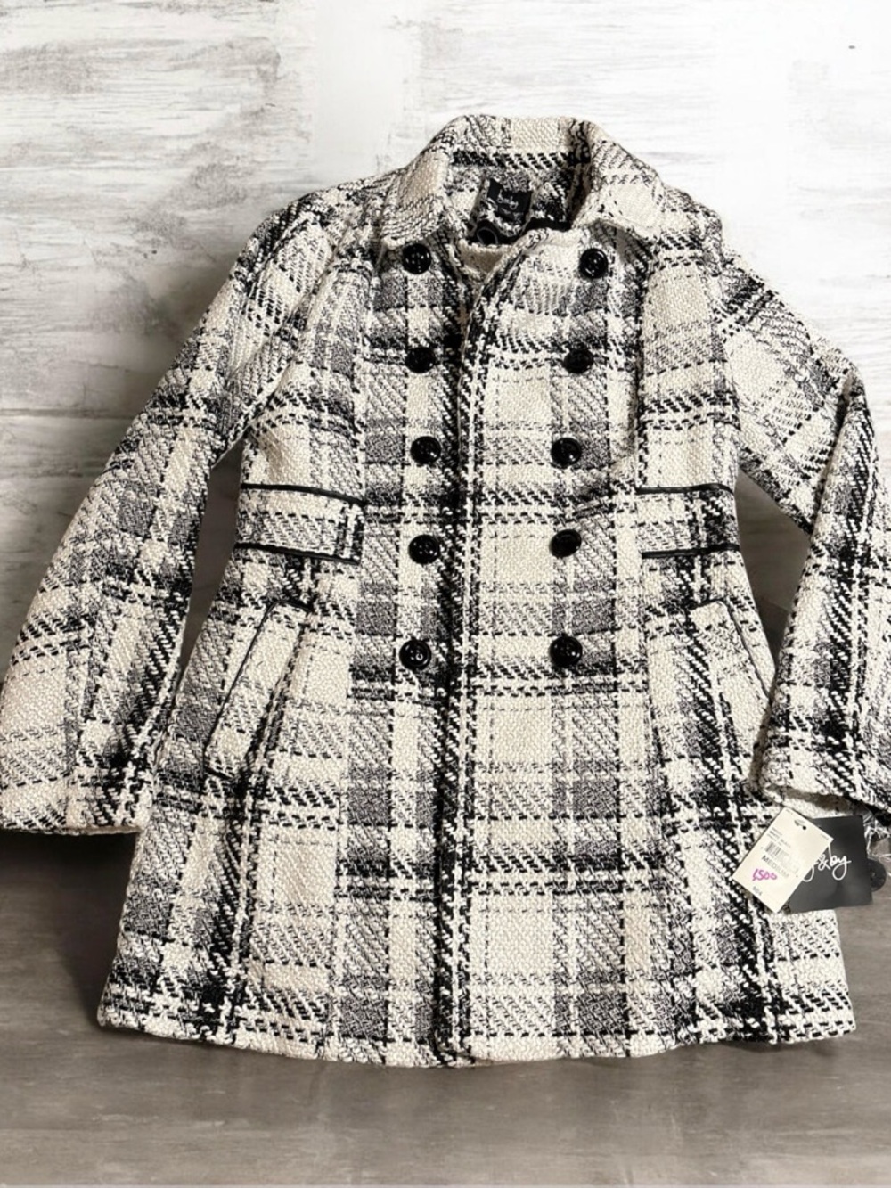 by & by Black and White Plaid Double-Breasted Pea Coat
